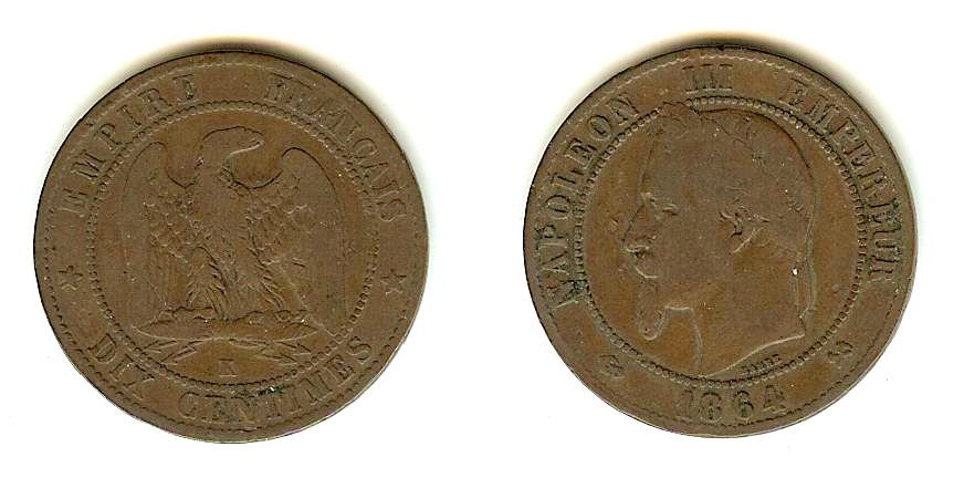 Dix centimes Napoléon III, tête laurée 1864 Bordeaux TB+